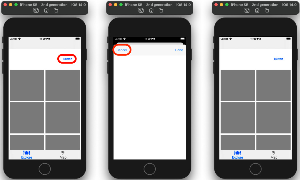 Figure 10.52 – iOS simulator showing the Explore and Locations screens
