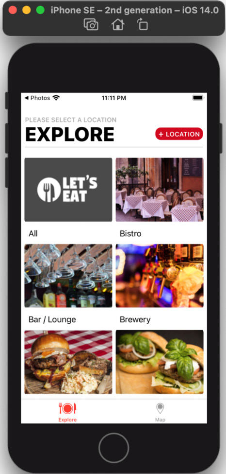 Figure 14.1 – iOS simulator showing the Explore screen from the app tour
