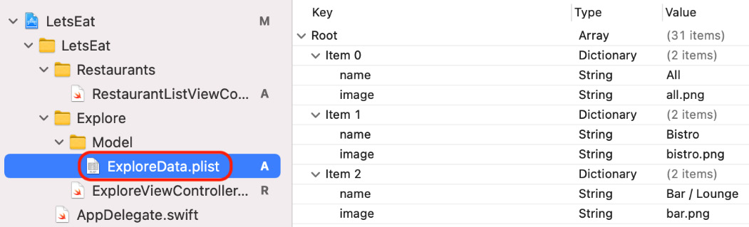 Figure 14.3 – Editor area showing contents of ExploreData.plist
