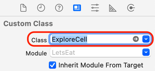 Figure 14.7 – Identity inspector showing the class settings for exploreCell
