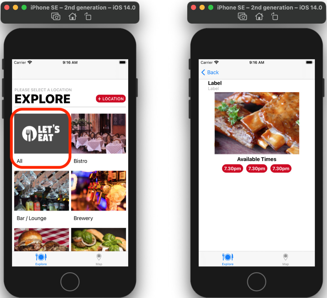 Figure 14.18 – iOS simulator showing the Explore and Restaurant List screens
