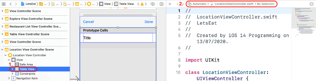 Figure 15.9 – Assistant editor bar showing LocationViewController.swift
