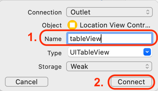 Figure 15.11 – Pop-up dialog box for tableView outlet creation
