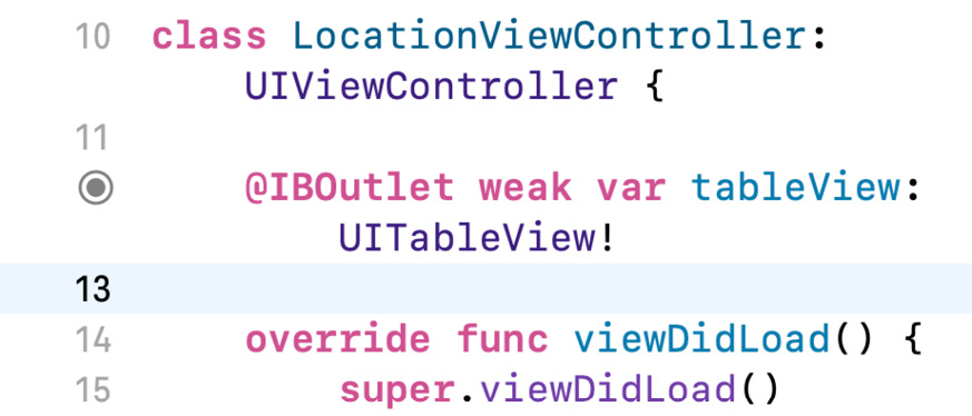 Figure 15.12 – Editor area showing LocationViewController.swift
