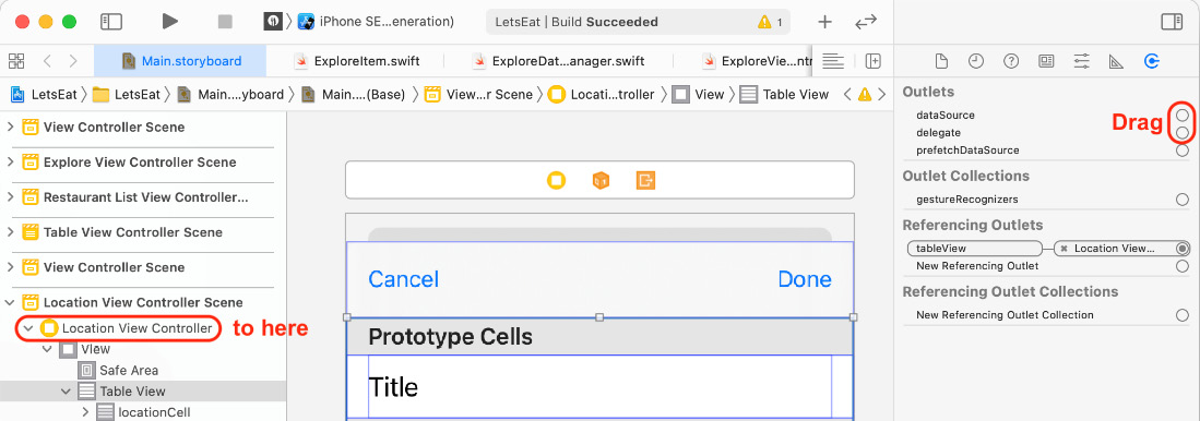 Figure 15.15 – Connections inspector showing outlets for the LocationViewController class
