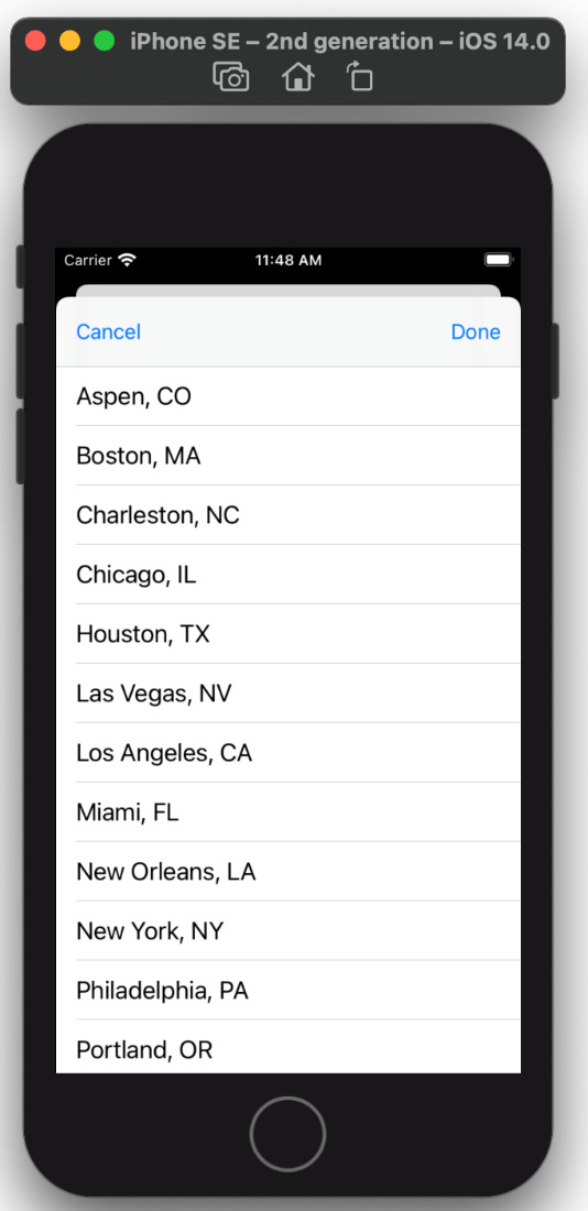 Figure 15.28 – iOS simulator showing the completed Locations screen
