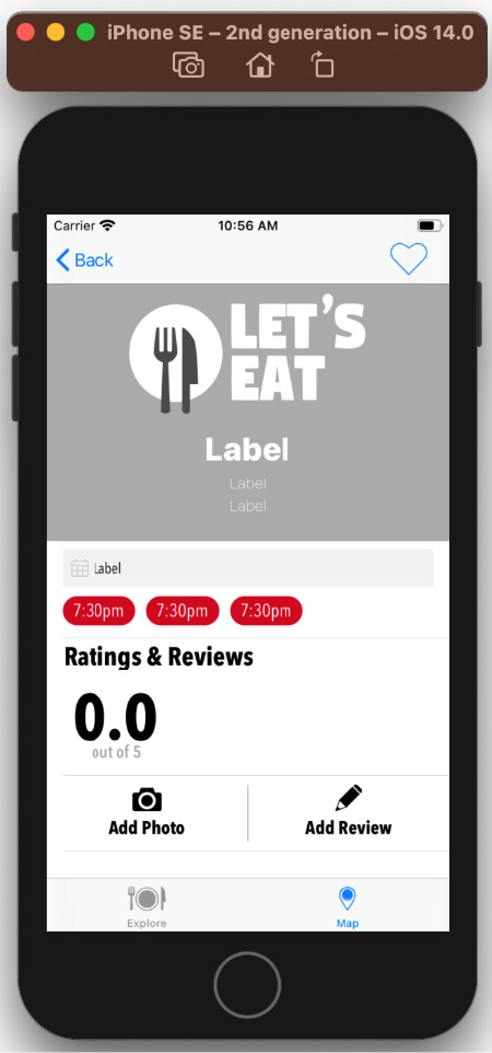 Figure 18.2 – iOS simulator showing the Restaurant Detail screen
