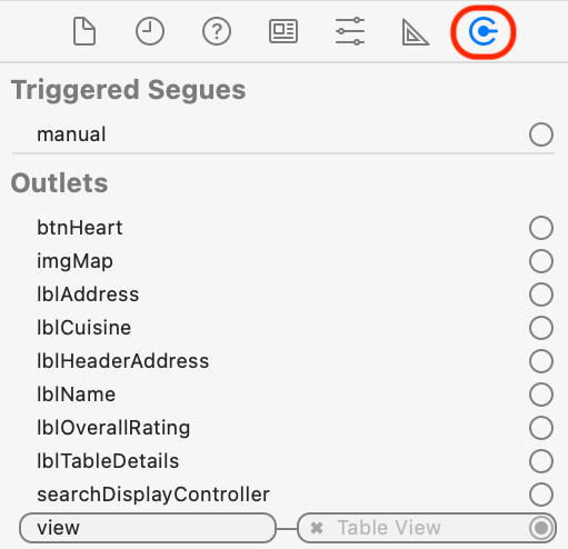 Figure 18.4 – Connections inspector showing outlets for the RestaurantDetailViewController class
