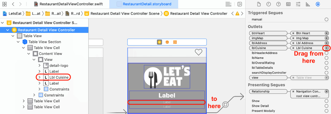 Figure 18.9 – Connections inspector showing the lblCuisine outlet
