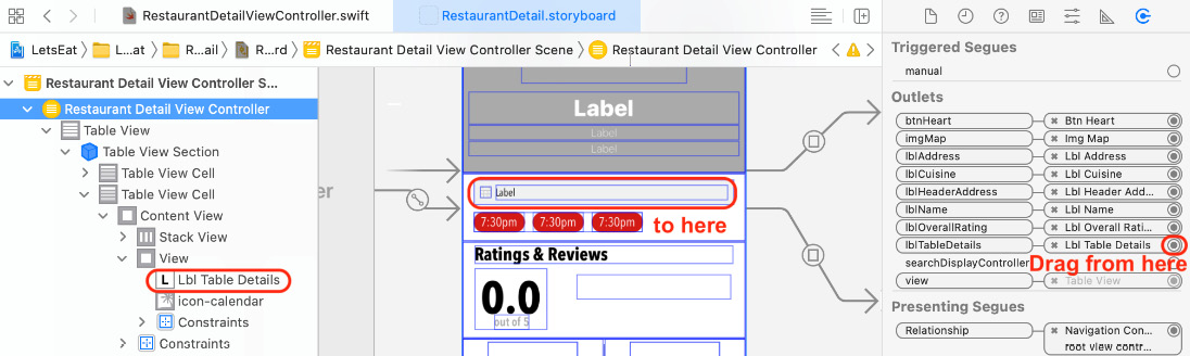 Figure 18.13 – Connections inspector showing the lblTableDetails outlet
