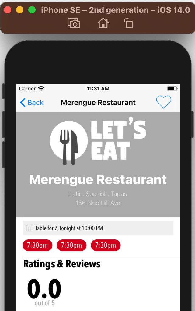 Figure 18.14 – iOS simulator showing the Restaurant Detail screen
