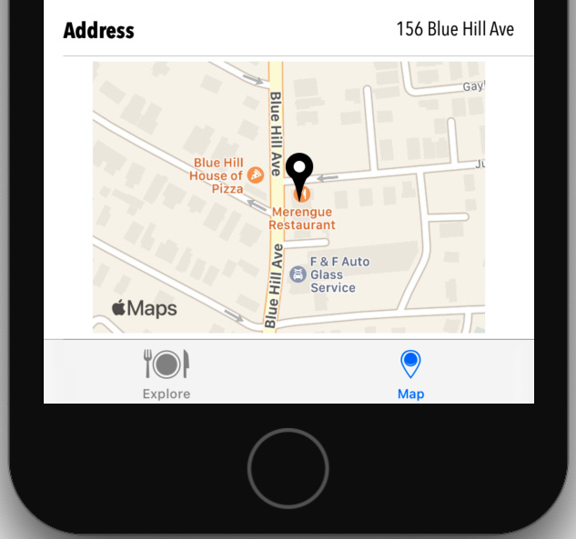 Figure 18.15 – iOS simulator showing the map on the Restaurant Detail screen 
