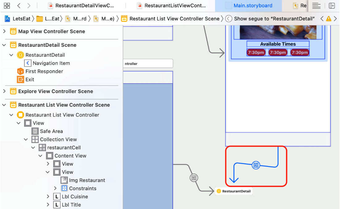 Figure 18.19 – Segue between the Restaurant List View Controller Scene and the RestaurantDetail storyboard reference
