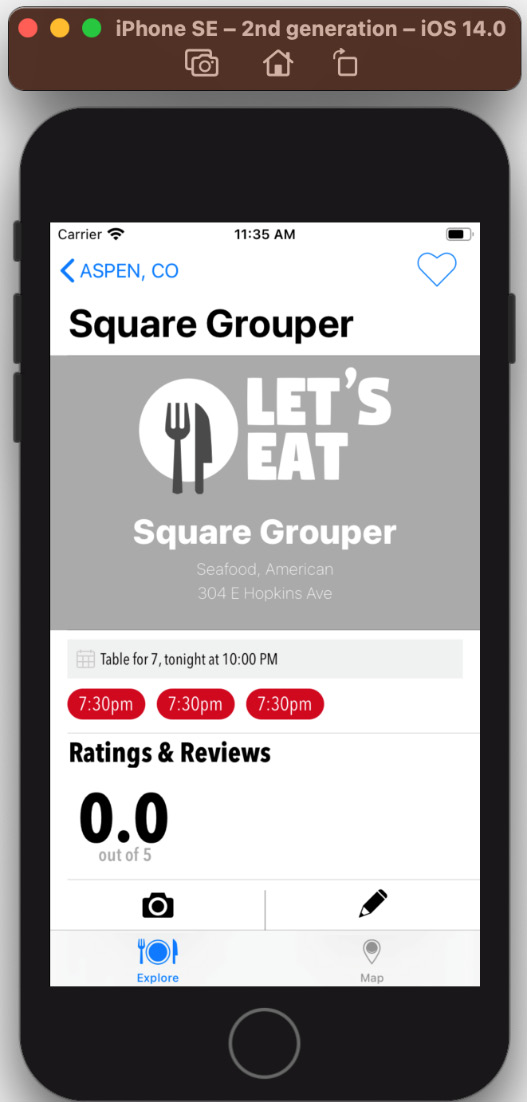 Figure 18.21 – iOS simulator showing the Restaurant Detail screen
