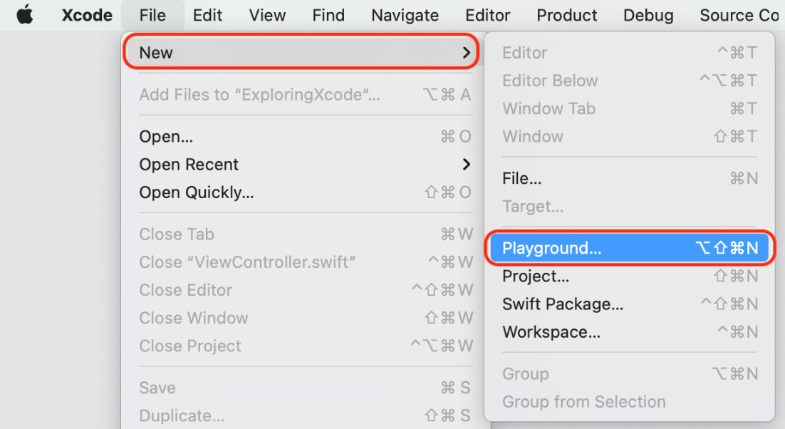 Figure 2.1 – Xcode menu bar with File | New | Playground... selected
