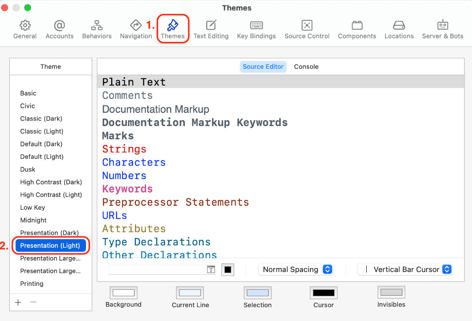 Figure 2.5 – Xcode preferences window with the Themes pane selected
