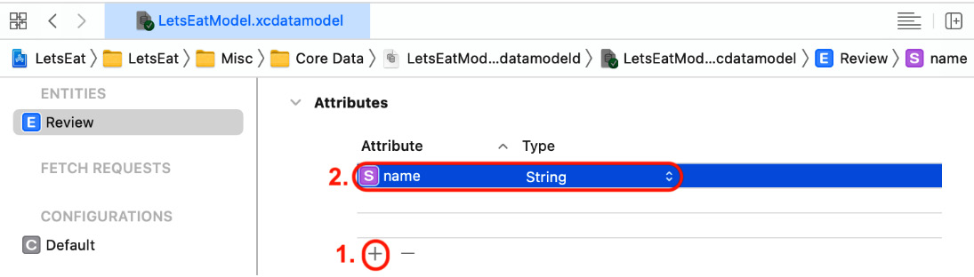 Figure 21.6 – Data model editor showing the name attribute for the Review entity
