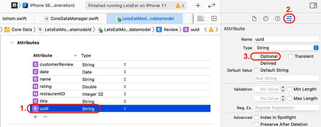 Figure 21.9 – Data model inspector showing Optional unticked for the uuid attribute
