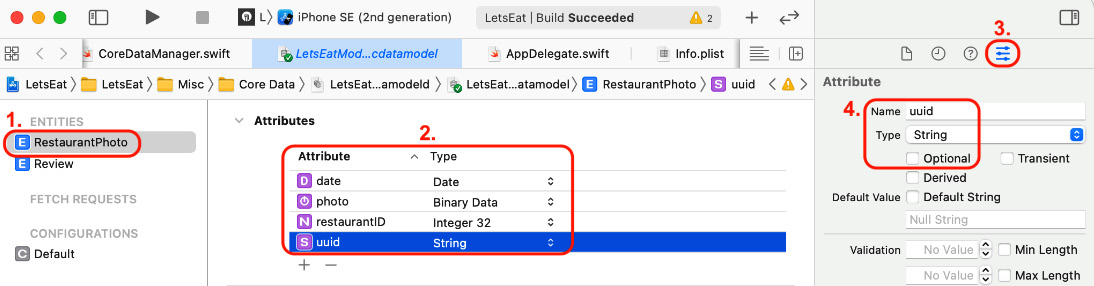 Figure 21.11 – Data model inspector showing Optional unticked for the uuid attribute
