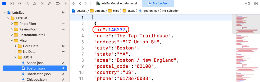 Figure 21.12 – Editor area showing contents for Boston.json
