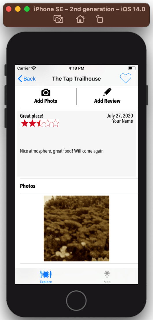 Figure 21.13 – iOS Simulator showing the Restaurant Detail screen with reviews and restaurant photos
