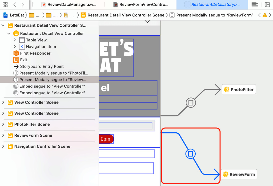 Figure 21.15 – Editor area showing segue between the Restaurant Detail and 
Review Form screens selected
