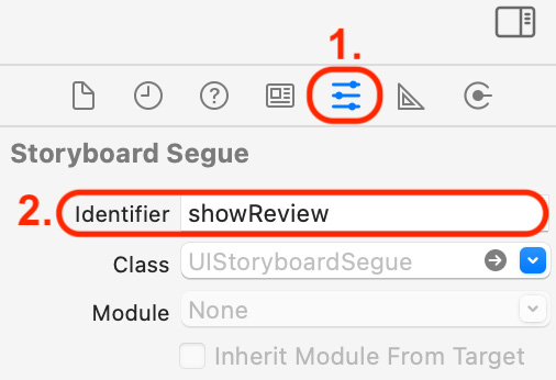 Figure 21.16 – Attributes inspector with Identifier set to showReview
