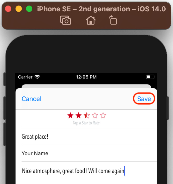 Figure 21.17 – iOS Simulator showing the Review Form screen's Save button
