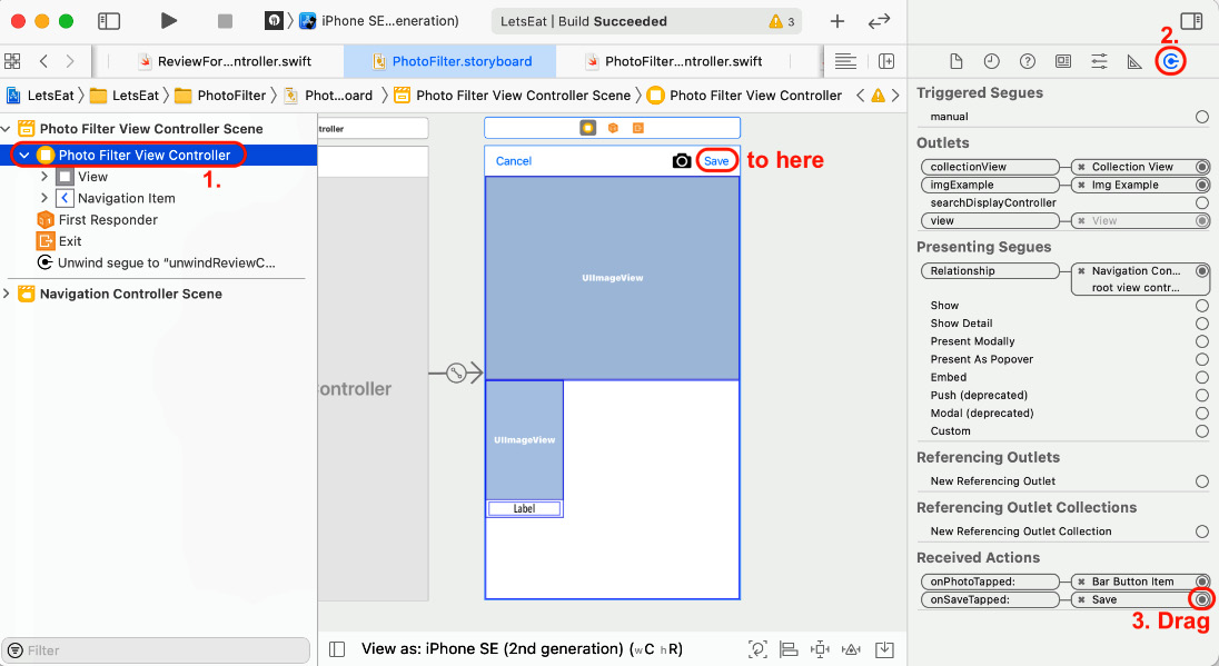 Figure 21.19 – Connections inspector showing onSaveTapped being assigned to the Save button
