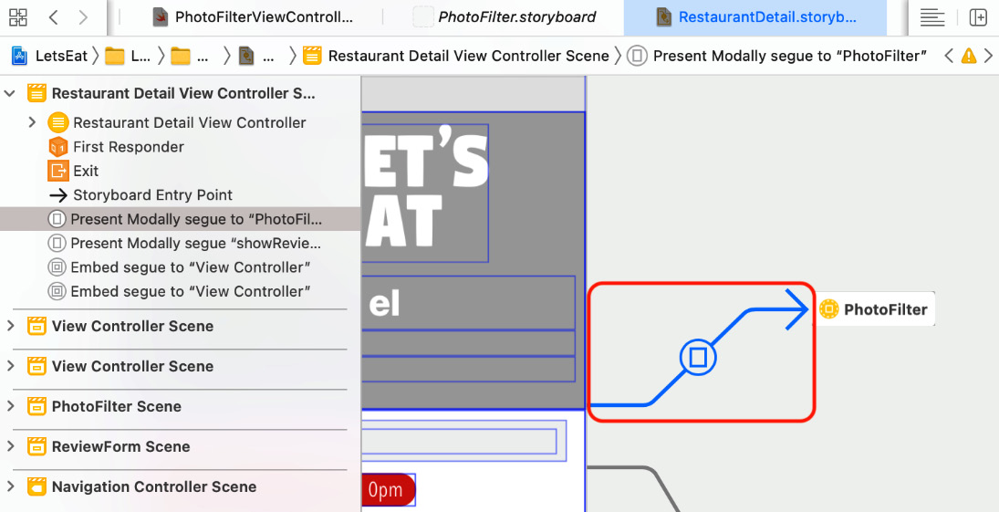 Figure 21.20 – Editor area showing the segue between the Restaurant Detail and Photo Filter screens
