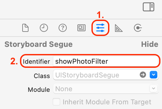 Figure 21.21 – Attributes inspector with Identifier set to showPhotoFilter
