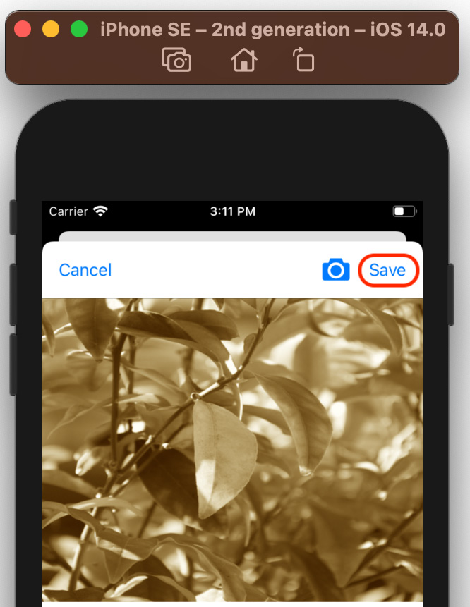 Figure 21.22 – iOS simulator showing the Photo Filter screen with the Save button selected
