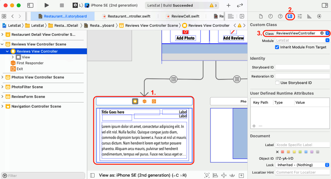 Figure 21.23 – Identity inspector with Class set to ReviewsViewController
