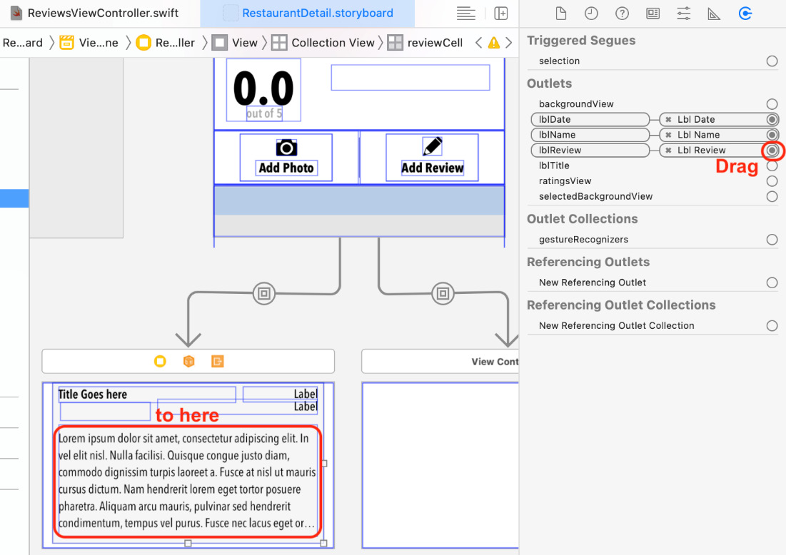 Figure 21.29 – Connections inspector showing the Lbl Review outlet
