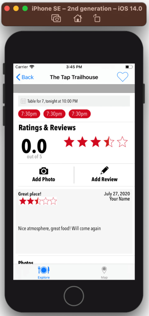 Figure 21.34 – iOS simulator showing the Restaurant Detail screen containing reviews
