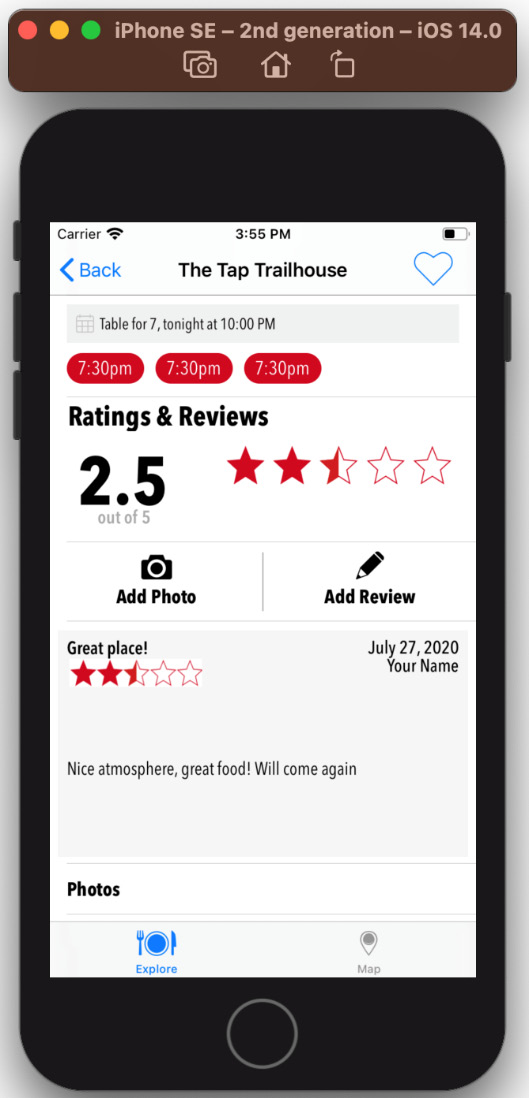 Figure 21.35 – iOS simulator showing the Restaurant Detail screen with overall ratings
