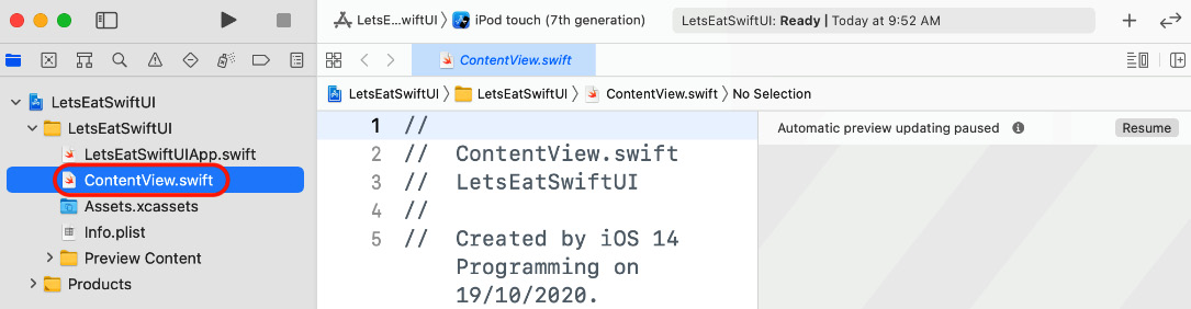 Figure 23.3 – Xcode showing the LetsEatSwiftUI project
