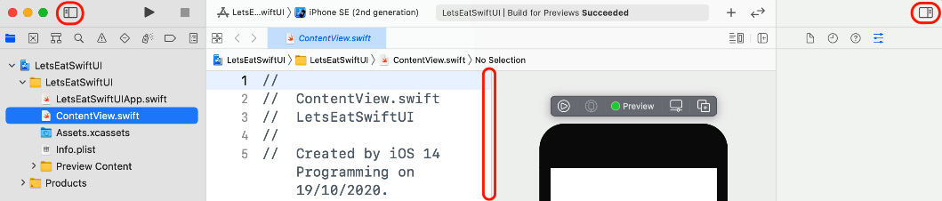 Figure 23.7 – Xcode interface showing the navigator button, editor button, and border
