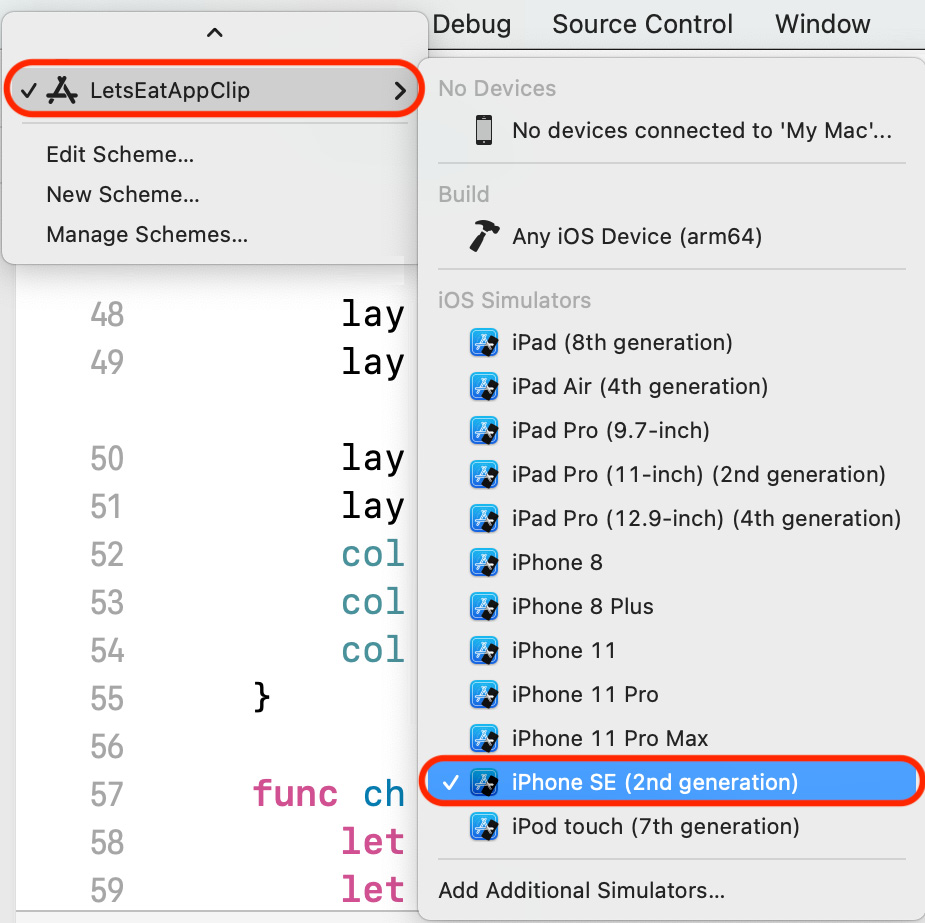 Figure 25.4 – Scheme menu with LetsEatAppClip | iPhone SE (2nd generation) selected
