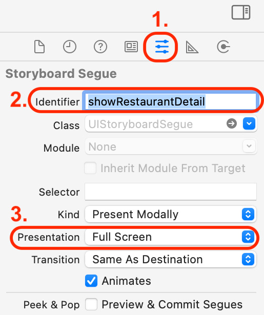 Figure 25.9 – Attributes inspector with Identifier set to showRestaurantDetail
