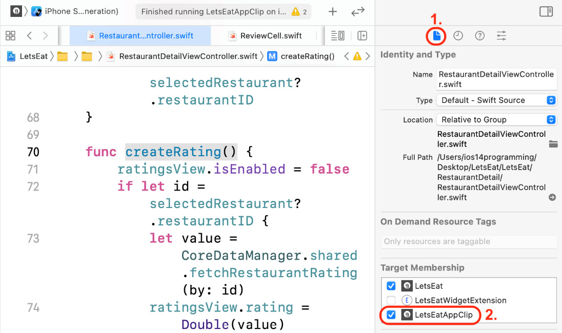 Figure 25.10 – File inspector showing target membership settings for RestaurantDetailViewController.swift
