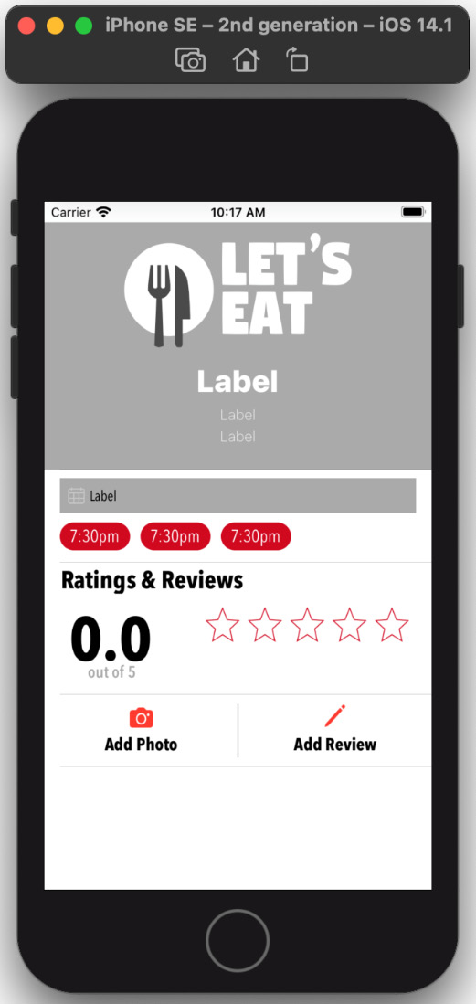 Figure 25.13 – iOS simulator displaying the Restaurant Detail screen
