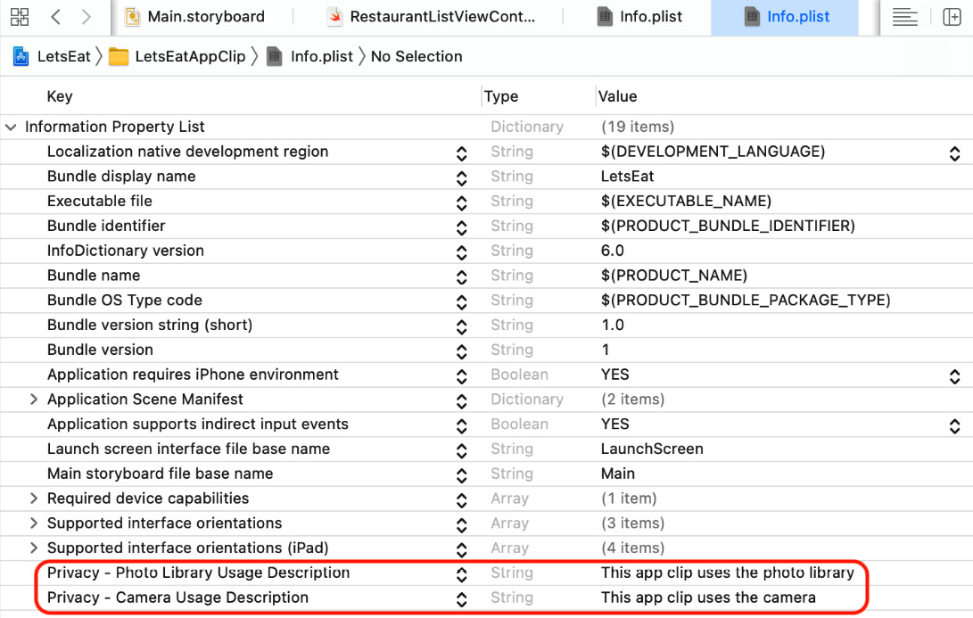 Figure 25.14 – Editor area showing the app clip's Info.plist file
