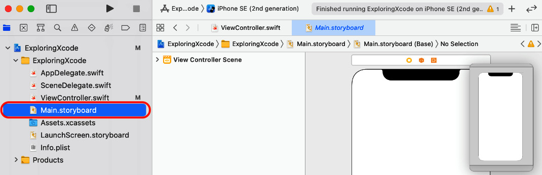 Figure 9.5 – Exploring the Xcode project showing Main.storyboard
