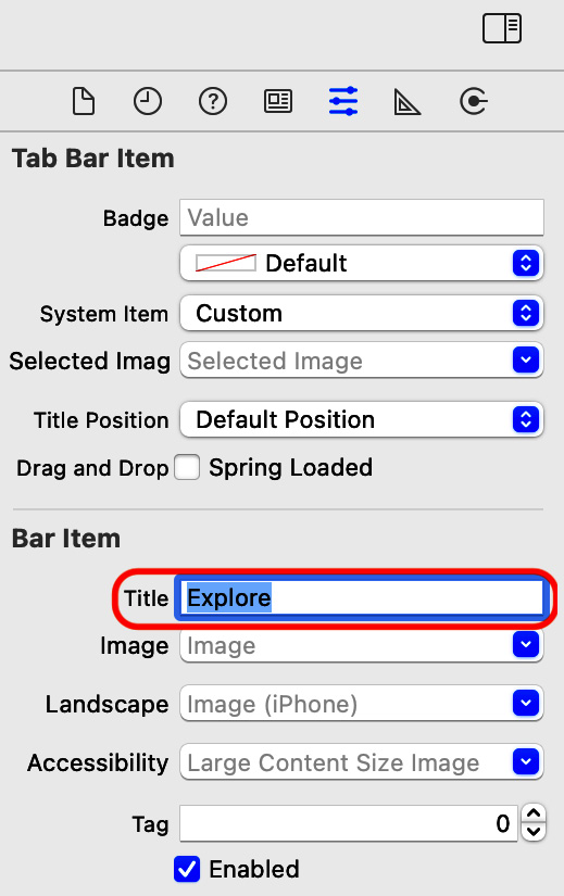 Figure 9.28 – Attributes inspector with Title set to Explore
