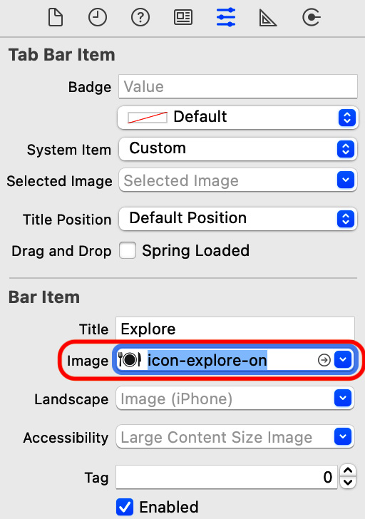 Figure 9.42 – Attributes inspector with Image set to icon-explore-on
