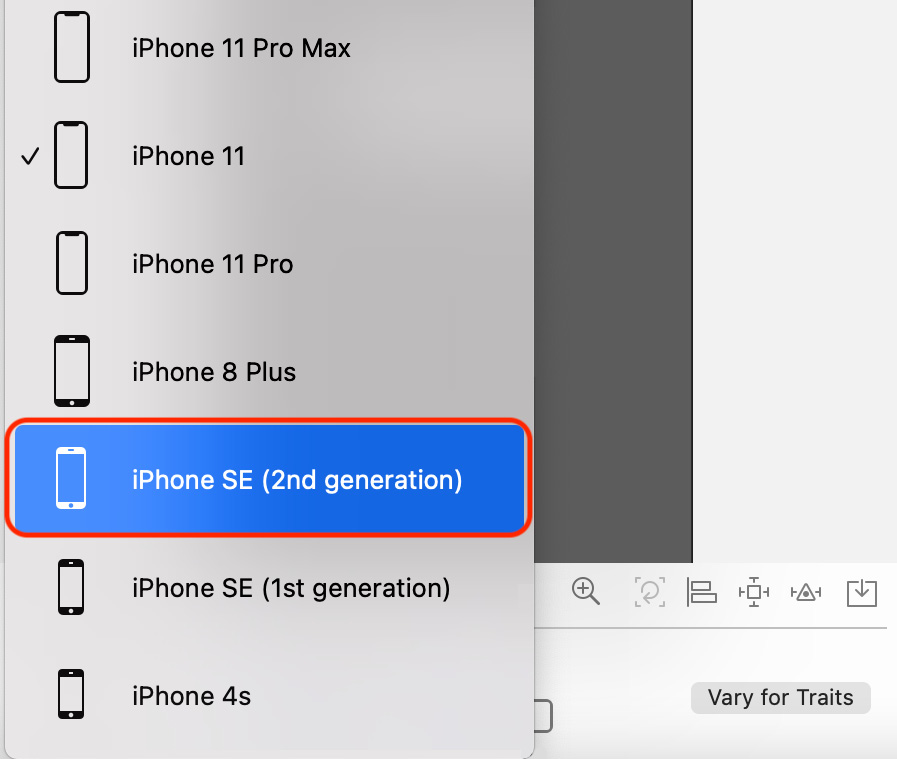 Figure 9.58 – Device menu with iPhone SE (2nd generation) selected
