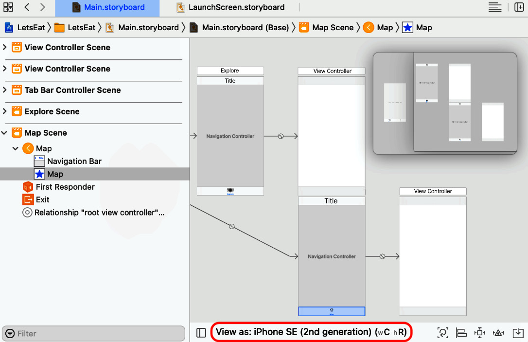 Figure 9.60 – Device configuration pane showing iPhone SE (2nd generation) 
selected for Main.storyboard
