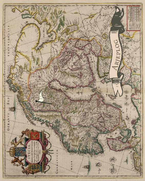 Reproduction d'une carte ancienne avec un repère indiquant l'emplacement de Arjeplog