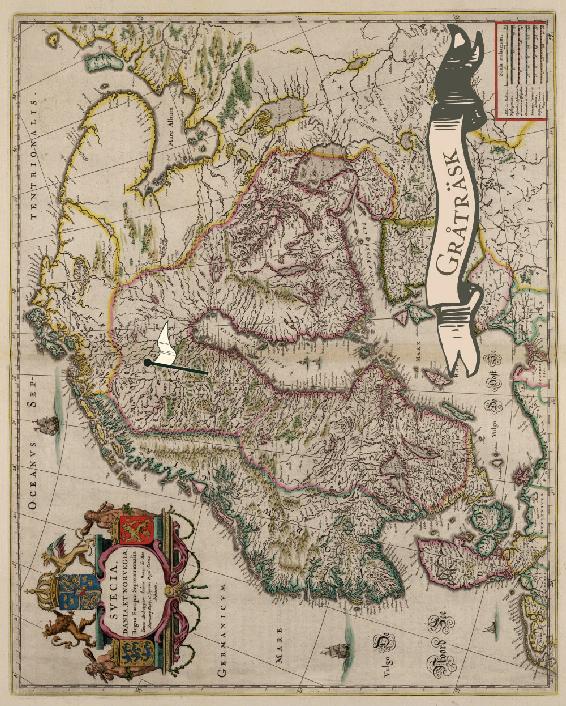 Reproduction d'une carte ancienne avec un repère indiquant l'emplacement de Gråträsk